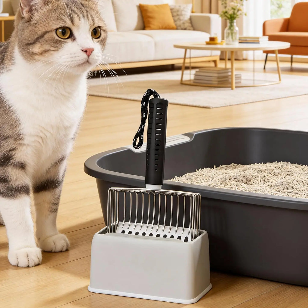 2026 Version Stainless Steel Cat Litter Scoop with Holder, Heavy Duty Sifter for Easy Cleaning